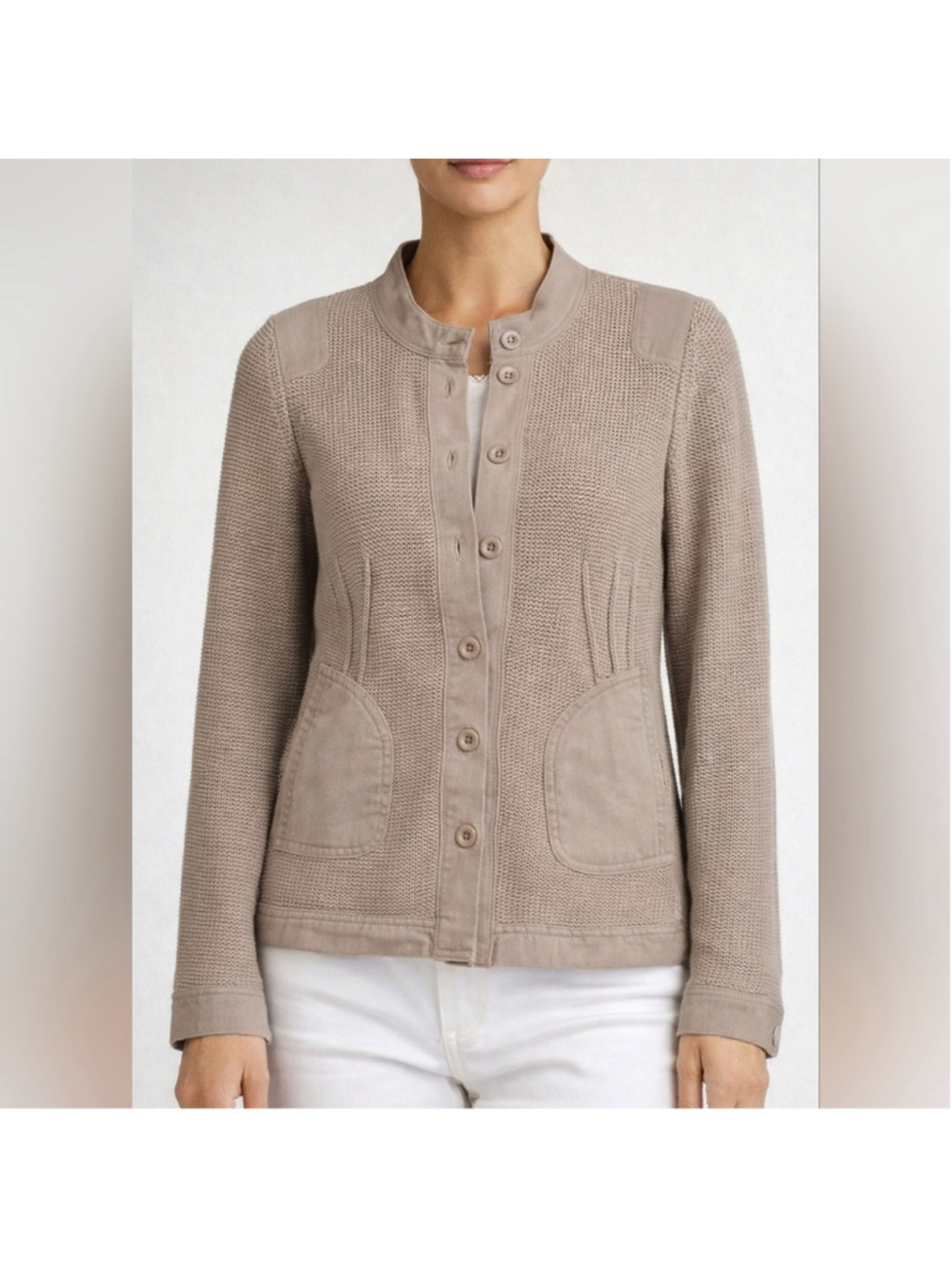 Oui Knit Utility Sweater Beige Button Front Textured Cotton Blend Size US 4